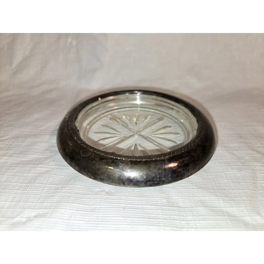 Antique Vintage 1883 F B Rogers Sterling Silver Crystal Drink Coasters